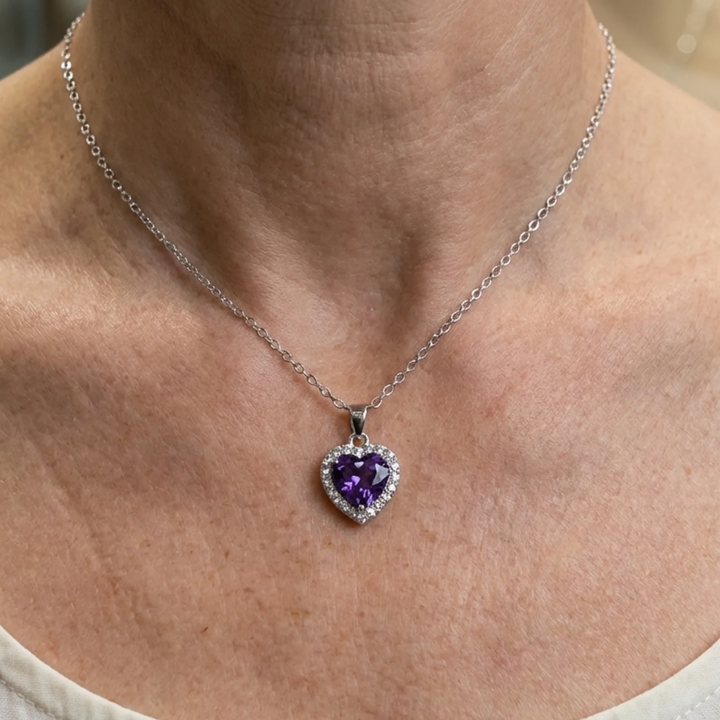 Amethyst Herz Strahlungs-Halskette | Weissgold
