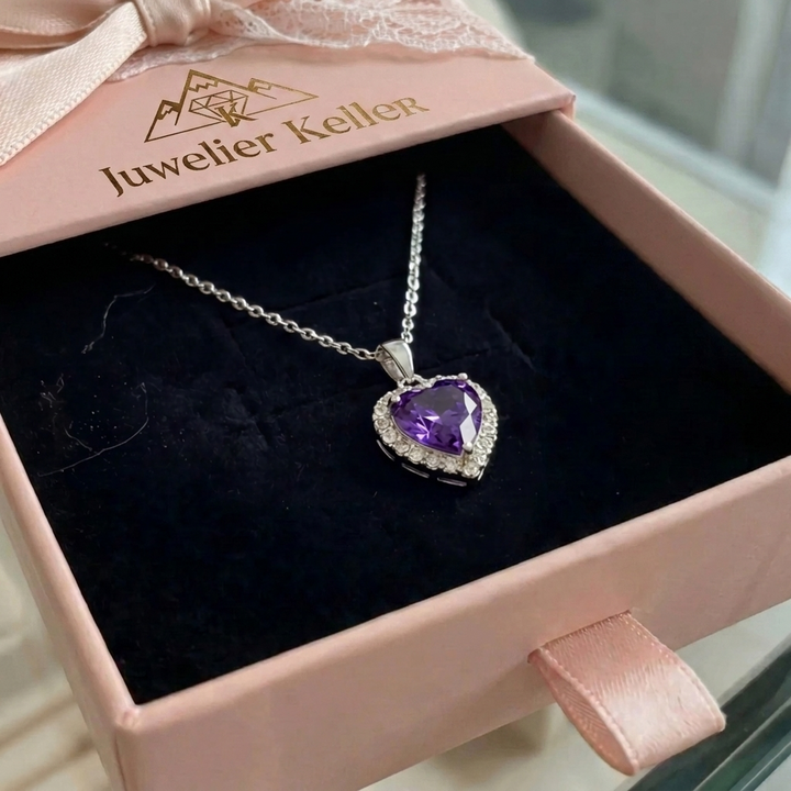 Amethyst Herz Strahlungs-Halskette | Weissgold
