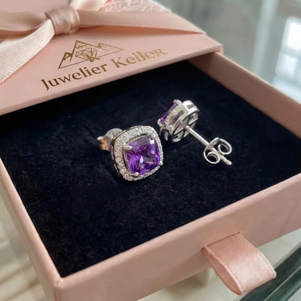 Amethyst Quadrat Pave Ohrstecker | Weissgold