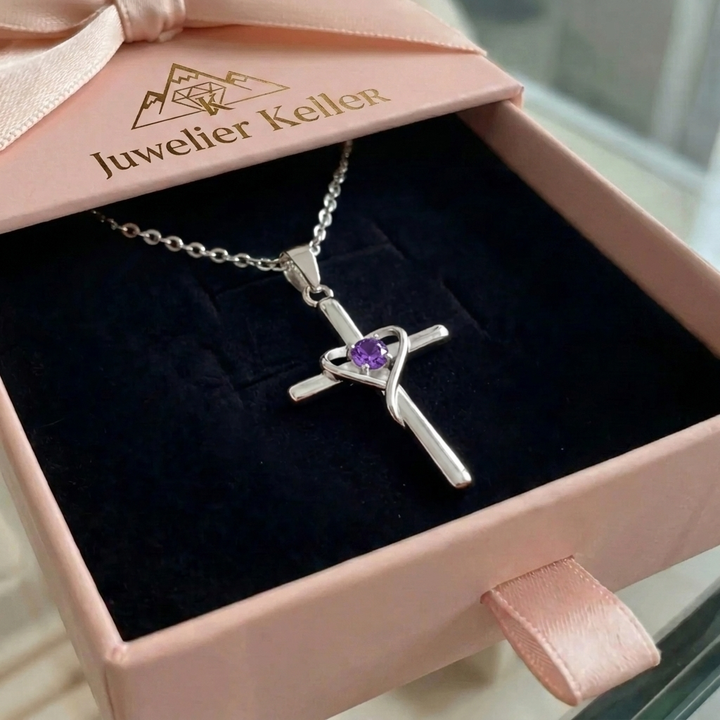 Amethyst Zentrum Kreuz Halskette | Weissgold