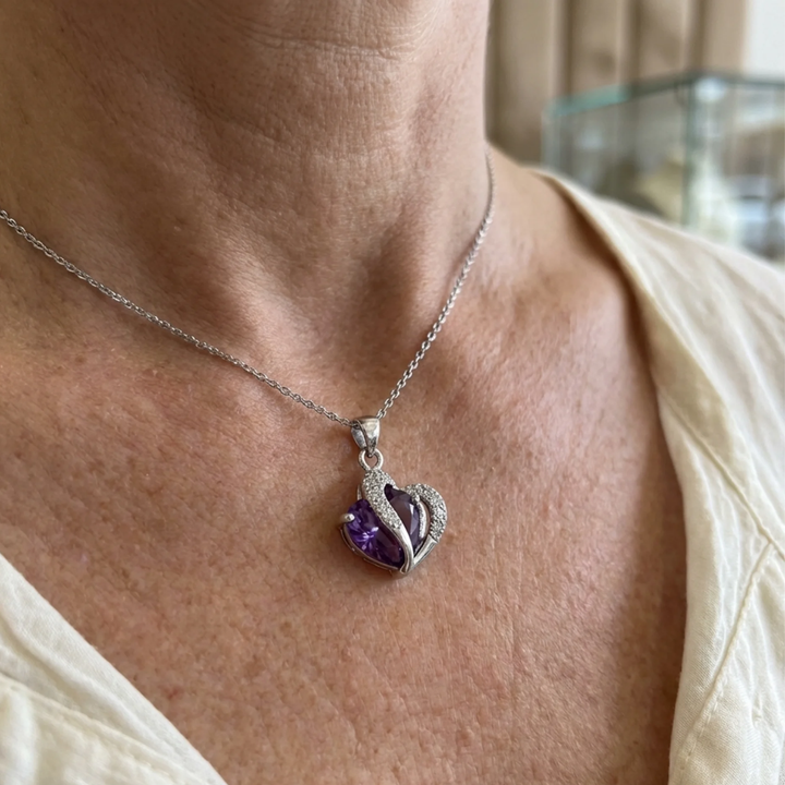 Amethyst Zwei Herzen Halskette | Weissgold