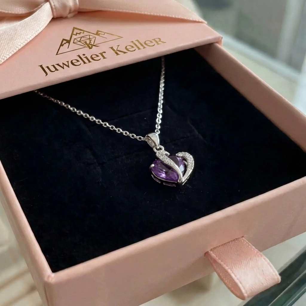 Amethyst Zwei Herzen Halskette | Weissgold