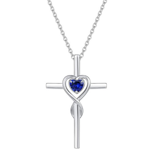 Saphir Herz Stein Kreuz Halskette | Weissgold