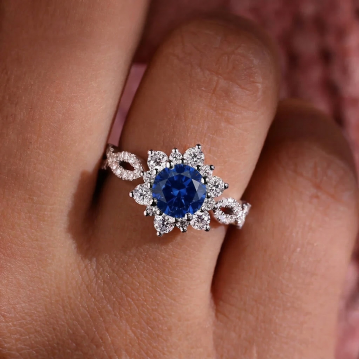 Kristall-Saphir-Blumenring | Weissgold