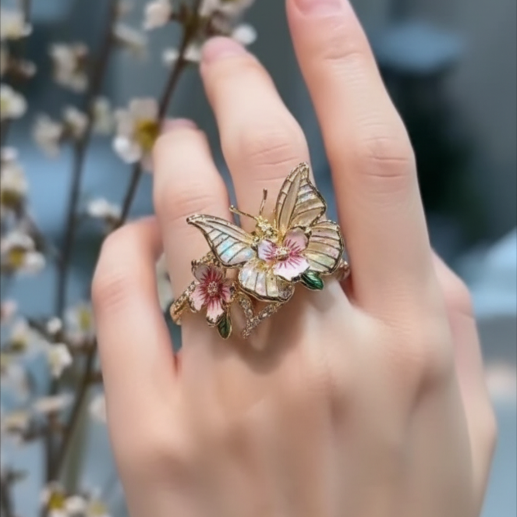 Glänzender Schmetterlingsring aus der Natur mit Brillanten