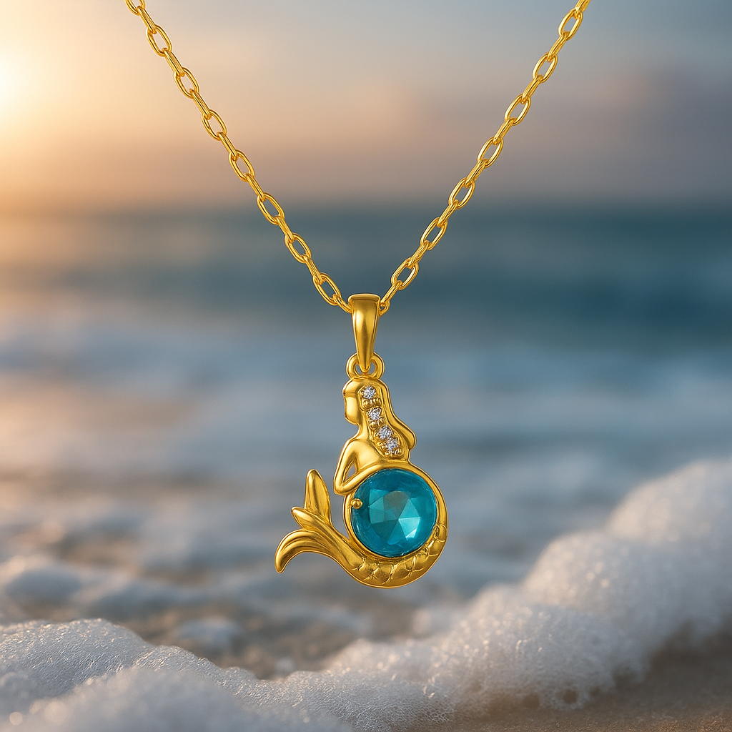 Goldene Meerjungfrauen-Halskette mit Blauem Kristall