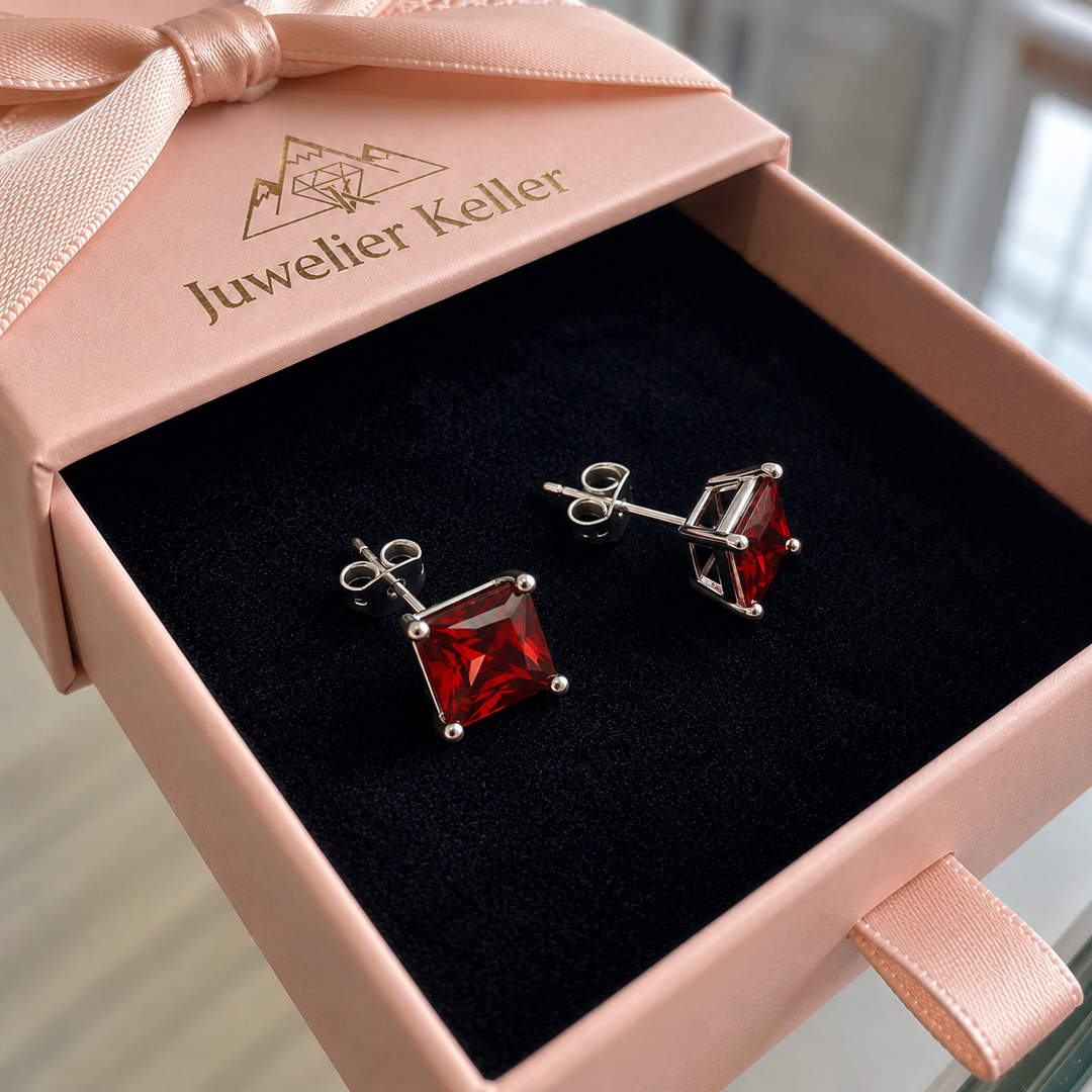 Minimalistische Prinzessschliff Rubin Ohrstecker | Weissgold