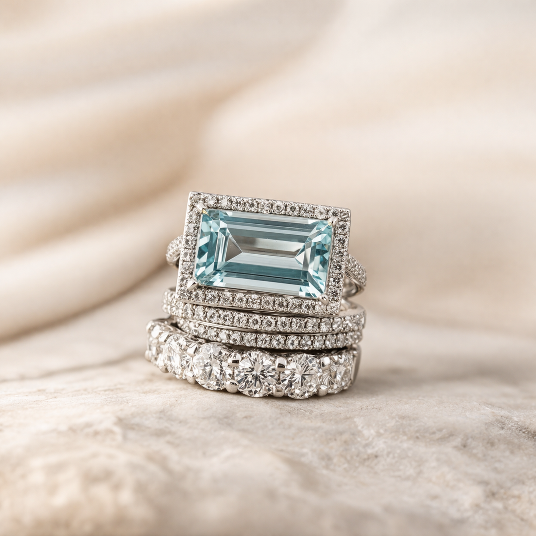 Retro-Ring-Set aus Silber mit gläsernem Türkisstein