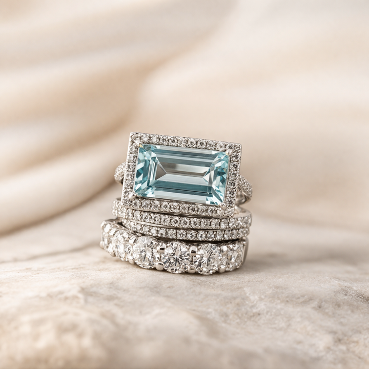 Retro-Ring-Set aus Silber mit gläsernem Türkisstein