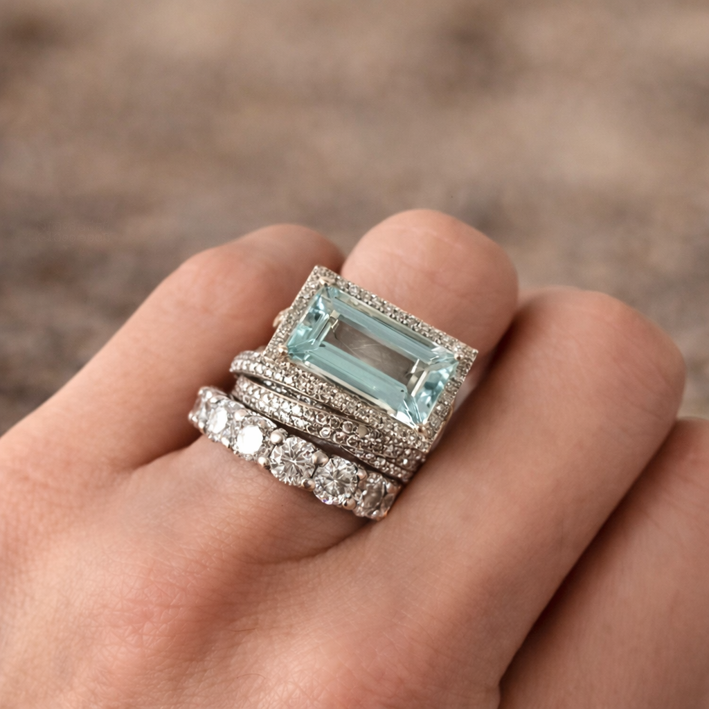 Retro-Ring-Set aus Weissgold mit Türkis-Glasstein