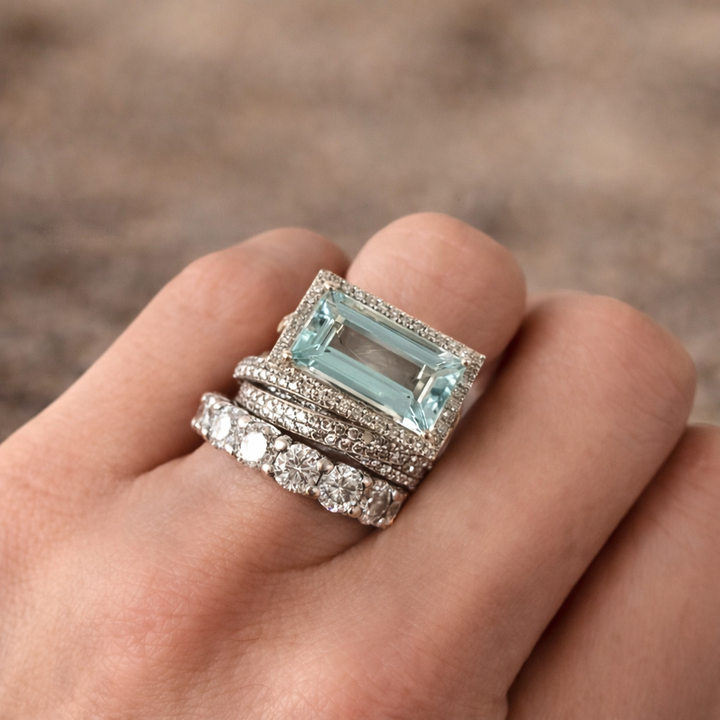 Retro-Ring-Set aus Weissgold mit Türkis-Glasstein