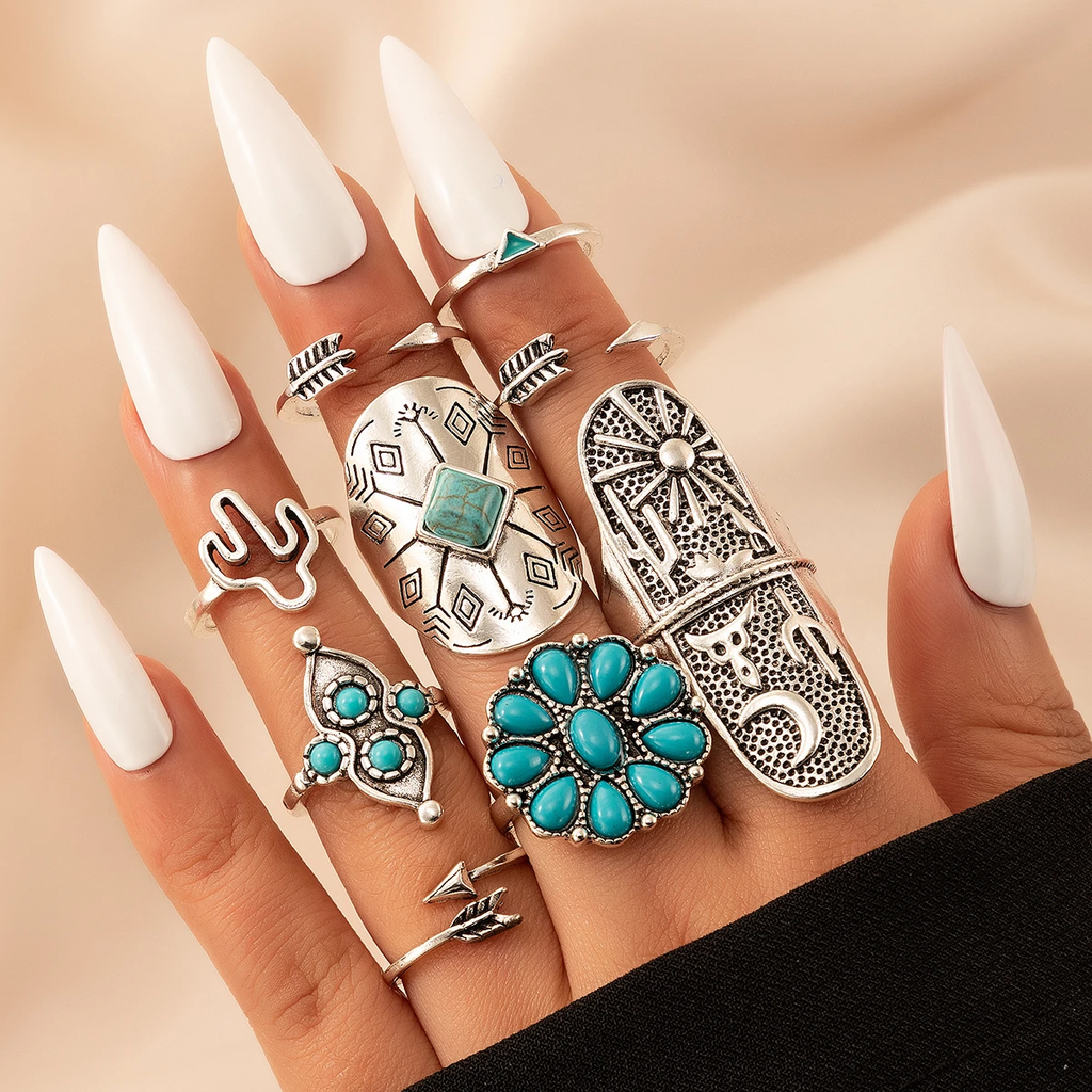 Retro-Ring-Set aus Weissgold und Türkis