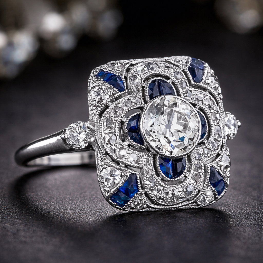 Retro-Ring in Weissgold mit blauen Brillanten