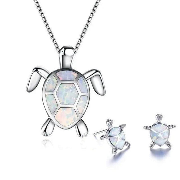 Set: Halskette und Ohrringe mit Meeresschildkröte in Opal und Weissgold