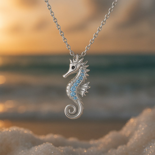 Silberne Halskette mit Seepferdchen und Opal