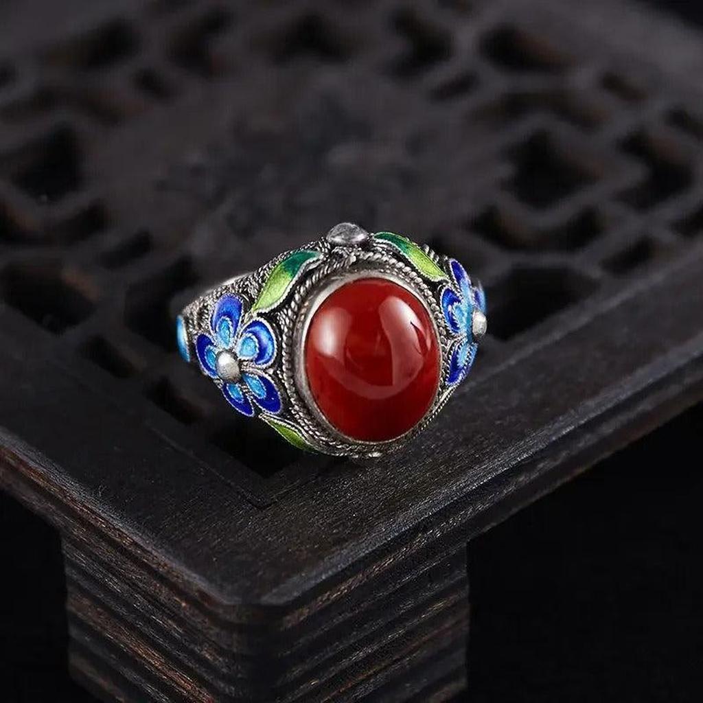 Verstellbarer Retro-Ring mit Weissgold und rotem Turmalin