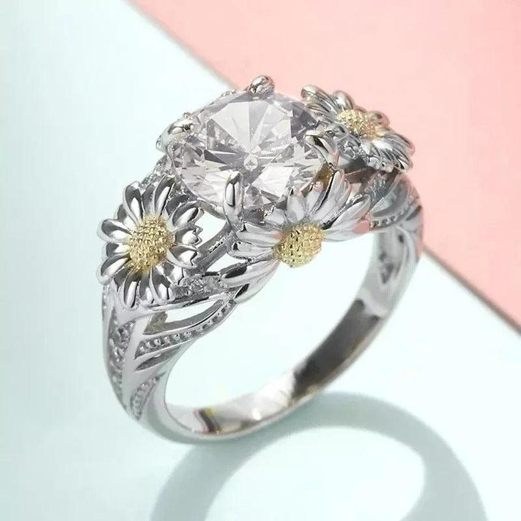 Vintage-Ring mit Sonnenblume in Gelb und Weissgold