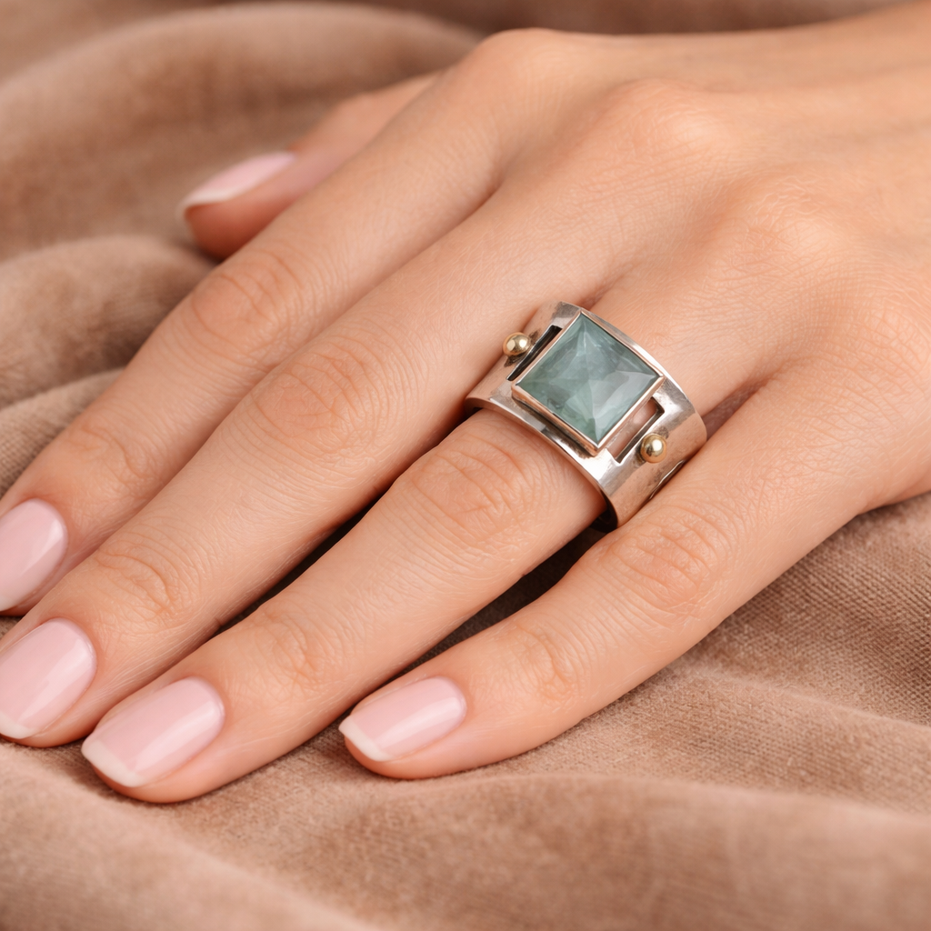 Vintage Ring mit grünem Mondstein in quadratischer Form