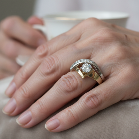 Vintage Unregelmäßiger Ring in Gold und Silber mit Zirkonia