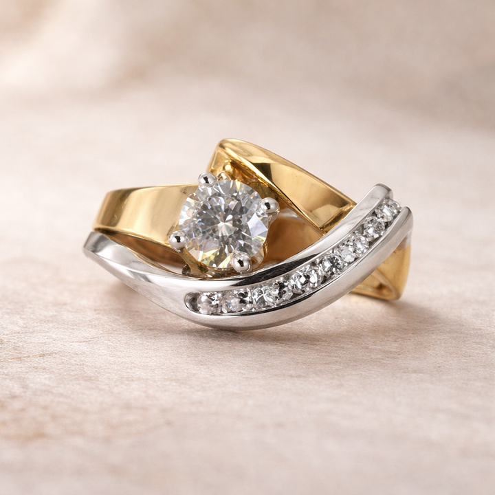 Vintage Unregelmäßiger Ring in Gold und Silber mit Zirkonia