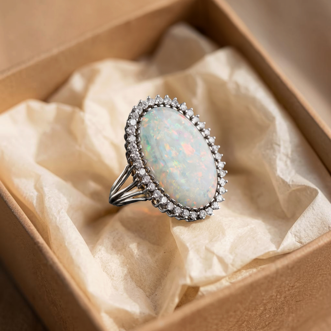 Grosser Weissgoldring mit weissem Opal im Brillantkranz