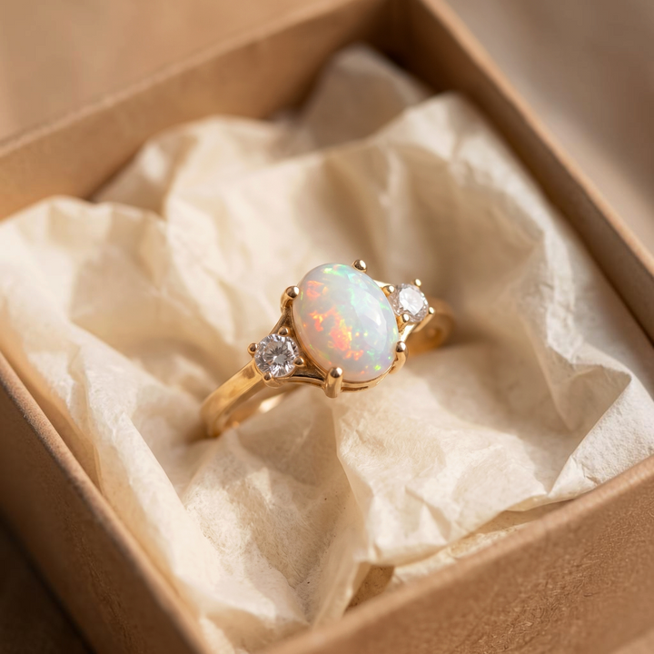 Goldring mit weissem Opal und zwei Brillanten