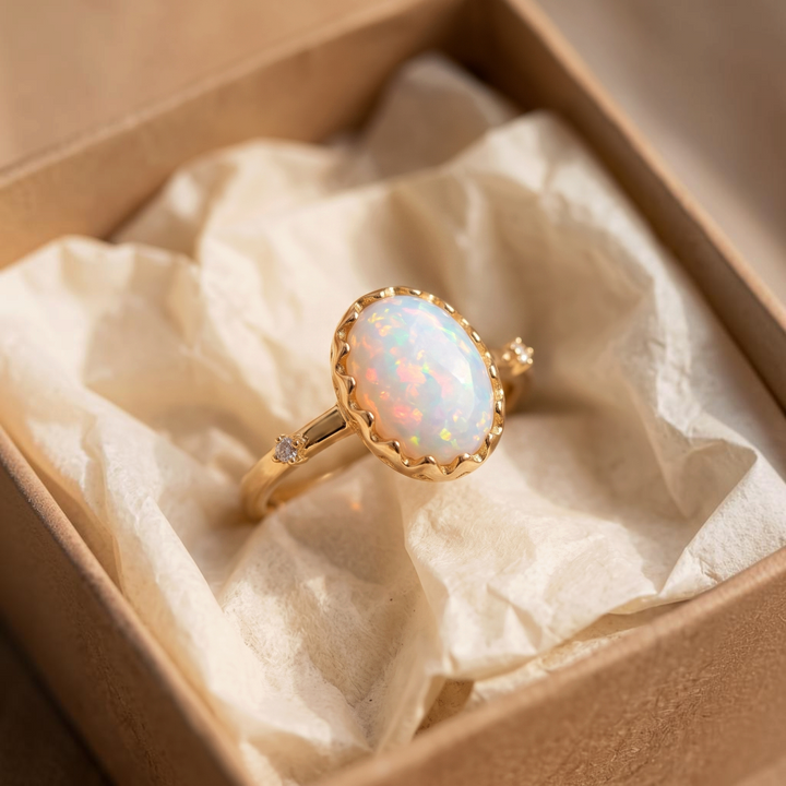 Verstellbarer zarter Goldring mit weissem Opal