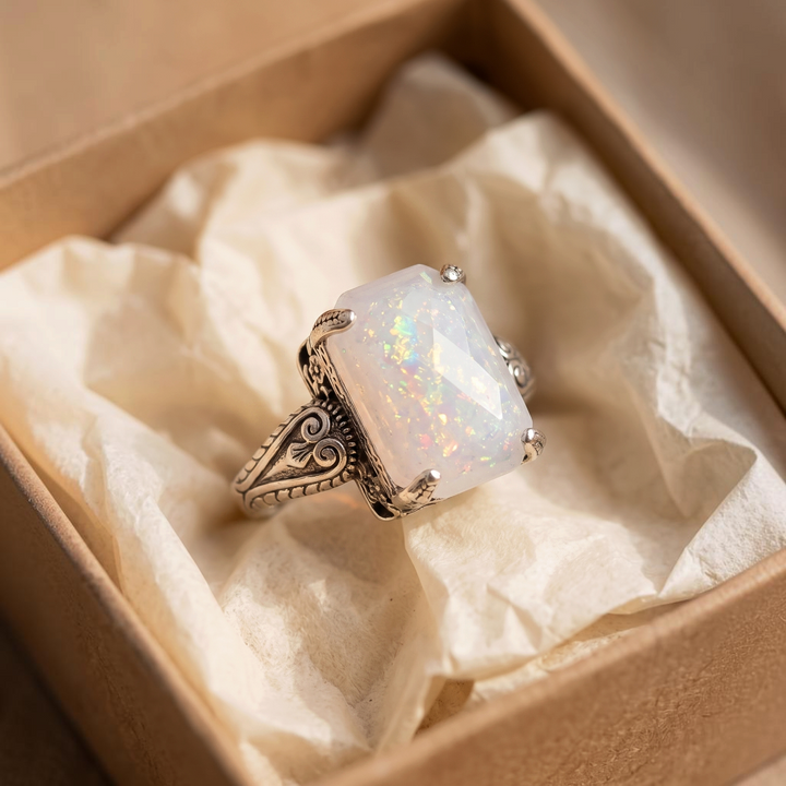 Cocktailring in Weissgold mit weissem Opal