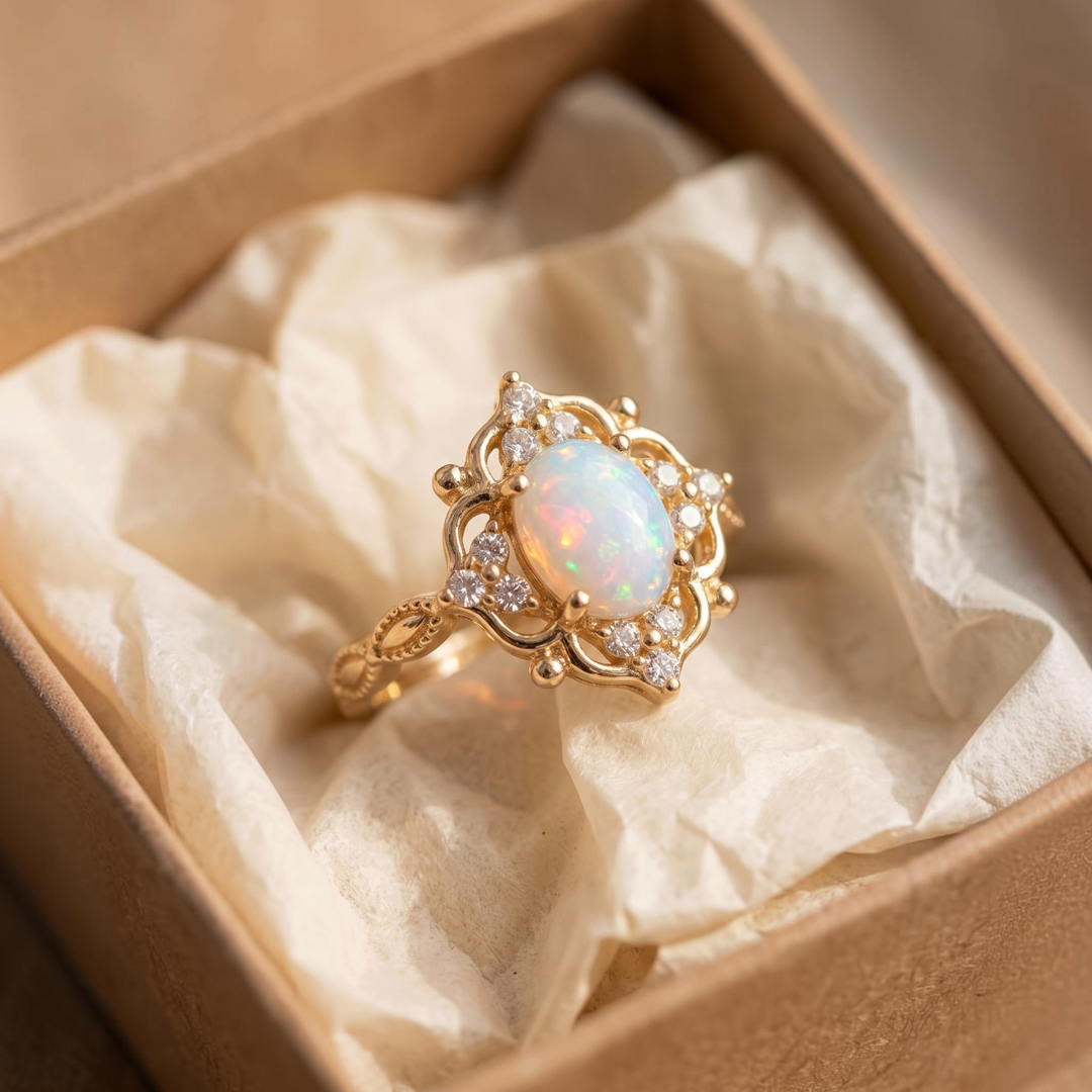 Barocker Goldring mit weissem Opal