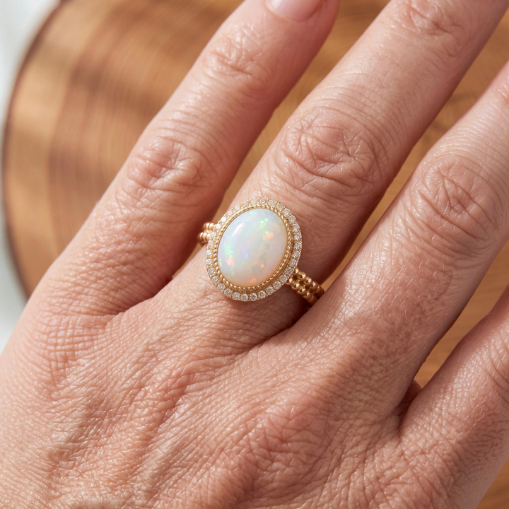 Goldring mit weissem Opal im Brillantkranz