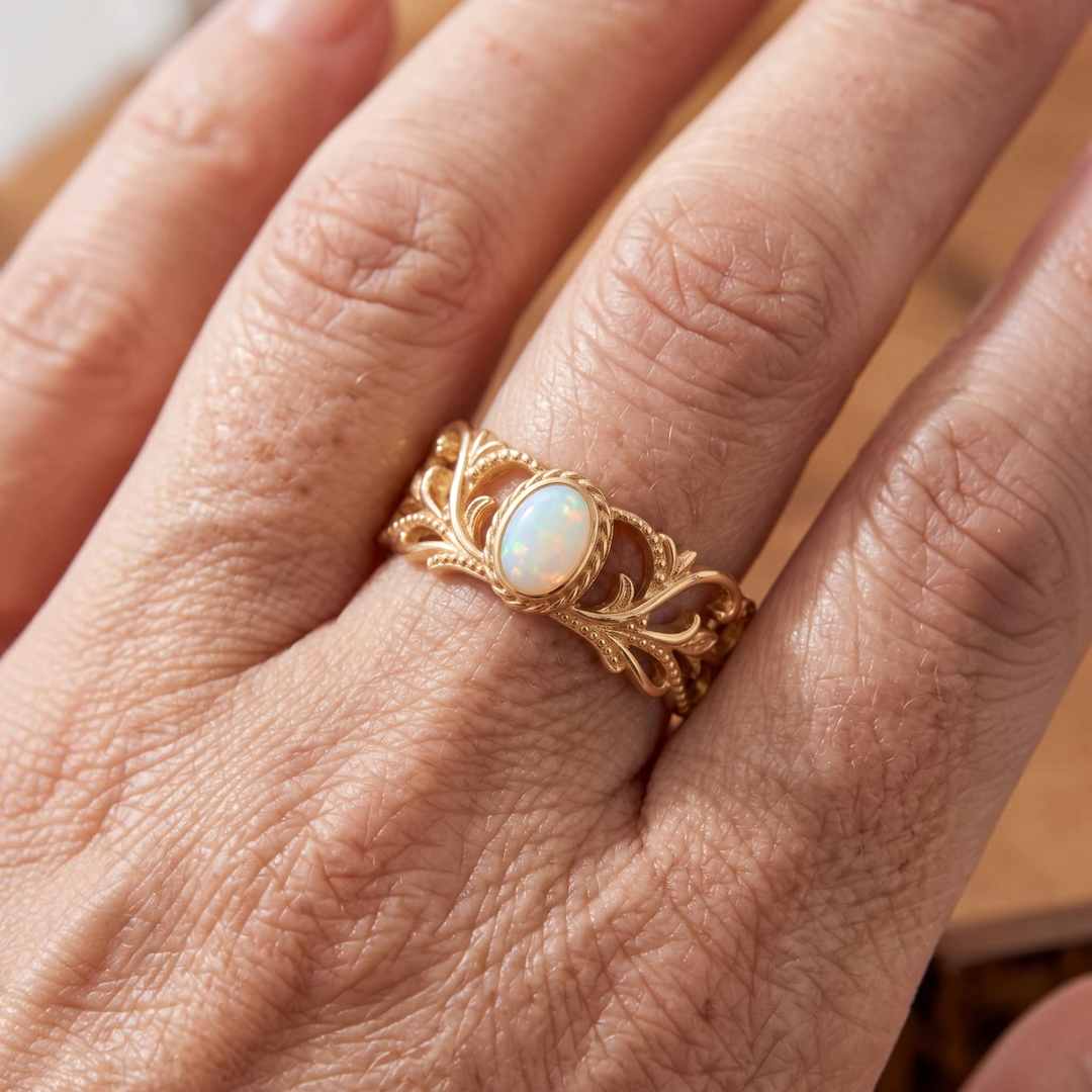 Verstellbarer Goldring mit weissem Opal und Blattranken